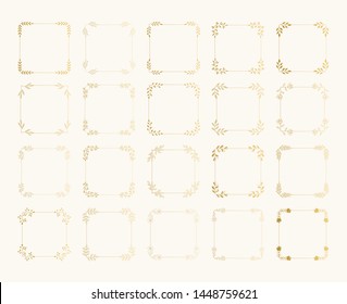Set of hand drawn golden squared frames. Rustic glitter wedding design.Vector gold foil isolated illustration.