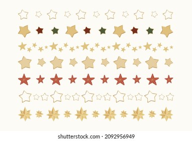Set of hand drawn golden stars dividers. Isolated Christmas doodle sparkles ornament collection. Cute girly repeating pattern for washi tape, ribbon, zakka stationery, print. Vector illustration.