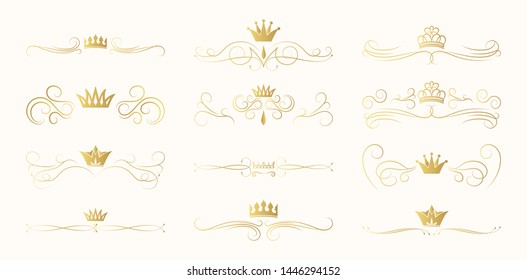 Set of hand drawn golden swirl royal text dividers. Vector calligraphic lines, gold vintage borders and wedding frames. Vector isolated luxury crown elements.