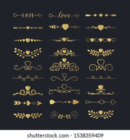 Set of hand drawn golden valentines dividers for wedding and love cards. Vector isolated romantic calligraphic text gold underlines with hearts.