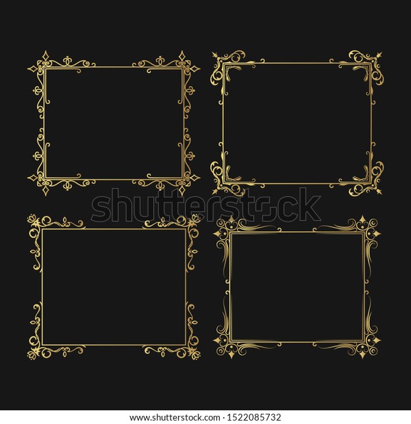 Set of hand drawn golden vintage ornate borders.\
Swirl elegant gold wedding frames. Vector isolated flourish\
invitation card.