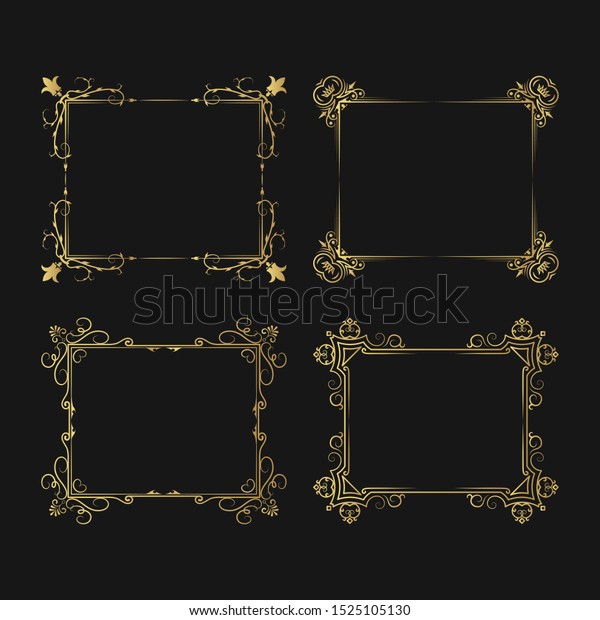 Set of\
hand drawn golden vintage ornate borders. Gold elegant wedding\
frames. Vector isolated flourish invitation\
card.