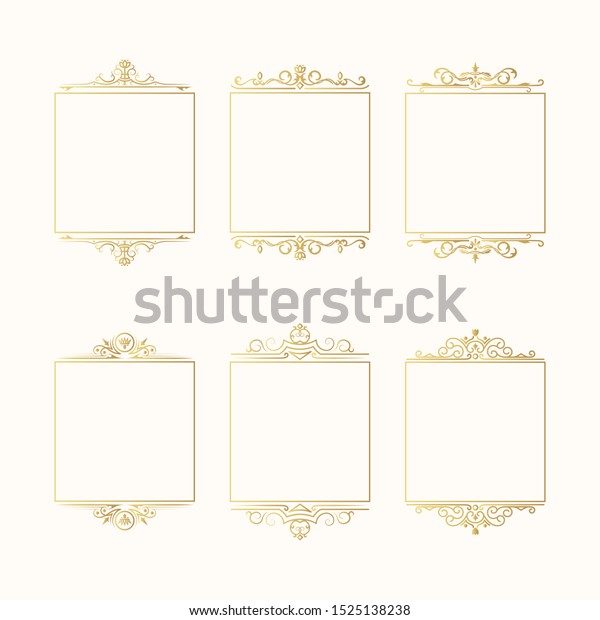 Set of hand drawn golden vintage ornate borders.\
Filigree elegant gold wedding frames. Vector isolated classic\
invitation card design.