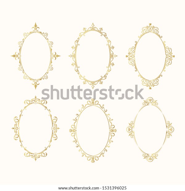 Set of hand drawn golden vintage oval frames.\
Elegant ornate fancy round borders for wedding. Vector isolated\
filigree invitation card.
