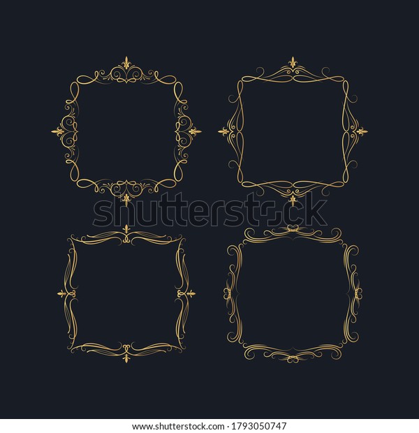 Set of hand drawn golden\
vintage swirl borders in royal style. Vector isolated vignette\
certificate frames for invitation card. Calligraphic gold\
scrolls.