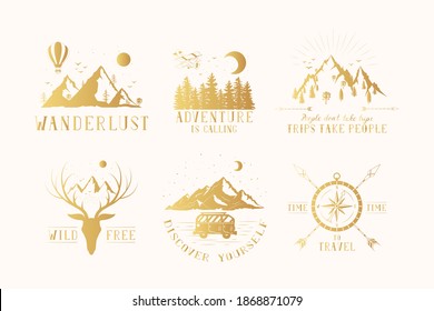 Set of hand drawn golden wanderlust badges with mountains, forest, stars and moon. Vector isolated explore and adventure gold prints and labels.