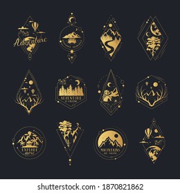 Set of hand drawn golden wanderlust badges and labels with forest trees, mountains, globe, moon and stars. Vector isolated adventure prints. Gold geometric frames for posters and tattoo.