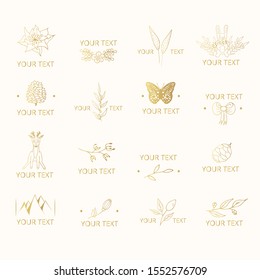 Set of hand drawn golden wedding branding with floral branches, cones and elements. Gold borders with animals for feminine design. Vector isolated.