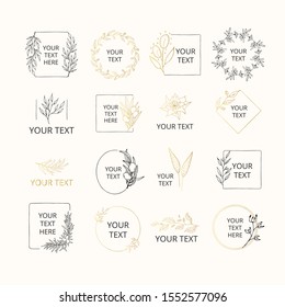 Set of hand drawn golden wedding branding with floral branches and elements. Gold wreaths, frames and borders with olives for feminine design. Vector isolated.