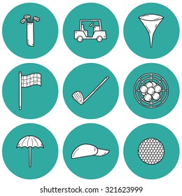 Set of hand drawn golf icons: ball, hat, types, car, flag, umbrella.Outdoors activity concept