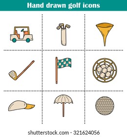 Set of hand drawn golf icons: ball, hat, types, car, flag, umbrella.Outdoors activity concept