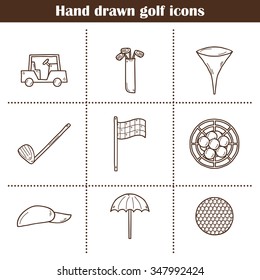 Set of hand drawn golf icons: ball, hat, car, flag. Outdoors activity sport concept