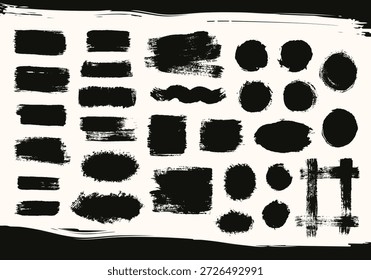 Set of hand drawn gouache brush strokes and ink textures. Black grunge circle smears, stains, and artistic paint drips for creative design, backgrounds, and borders. Isolated artistic elements. Vector