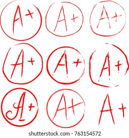Set of Hand Drawn Grade A+ in circle frame, red ink. Grade Results. Vector Illustration 