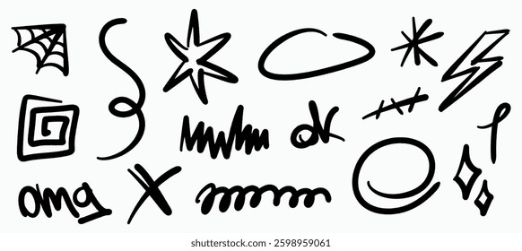 Set of hand drawn graffiti doodles. Includes abstract symbols, scribble, stars, lightning, swirls, and expressive strokes. Perfect for urban design, street art, and social media.