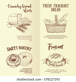 Set of hand drawn graphic bread labels. Vector illustration with line realistic baking emblems designed for advertising bakery, booklet, handbill, poster, logo and packing design.