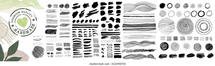Set of hand drawn graphic elements, brush strokes, textures and patterns for organic and natural products. Vector illustration concepts for graphic and web design.