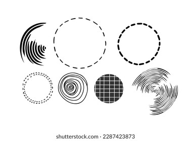 Set of hand drawn graphic elements. Simple black and white icons or scribbles with circles, brush strokes, round ornaments and dotted line. Linear doodle vector collection isolated on white background