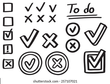 Set of hand drawn graphic elements. Checkmarks, X marks and boxes, isolated on white background.