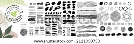 Set of hand drawn graphic elements, brush strokes, textures and patterns for organic and natural products. Vector illustration concepts for graphic and web design.
