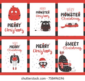 Set of hand drawn graphic greeting card templates with cute funny monsters, candy, ornaments, text Merry Christmas. Vector illustration. Design concept for children, winter holidays.