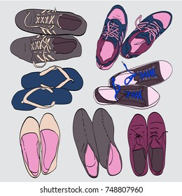 Set hand drawn graphic Men and women Footwear, shoes.
