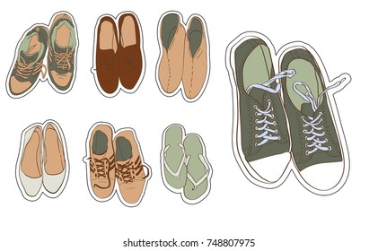 Set hand drawn graphic Men and women Footwear, shoes.