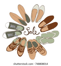 Set hand drawn graphic Men and women Footwear, shoes.