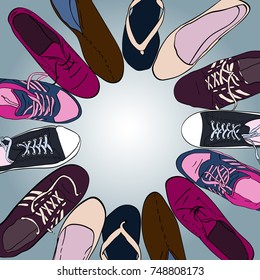 Set hand drawn graphic Men and women Footwear, shoes.