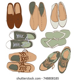 Set hand drawn graphic Men and women Footwear, shoes.