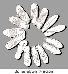 Set hand drawn graphic Men and women Footwear, shoes.