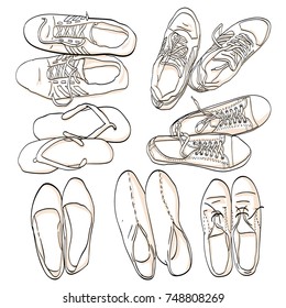 Set hand drawn graphic Men and women Footwear, shoes.