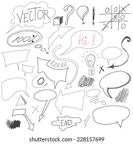 Set of hand drawn graphic signs. Pencil technique. Arrows, underlines, circles, scribble, various elements doodle. Vector illustration