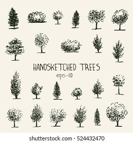 Set of hand drawn graphic trees