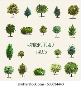 Set of hand drawn graphic trees