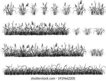 Set of hand drawn grass. Separate tufts of grass, compact lawns. Black silhouettes isolated on white background. Illustration, brushes. 