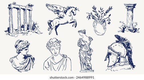 Set of hand drawn Greek Classic Aesthetic Statues Mythology, Angora, Architecture Greece Columns Illustration Vector Set