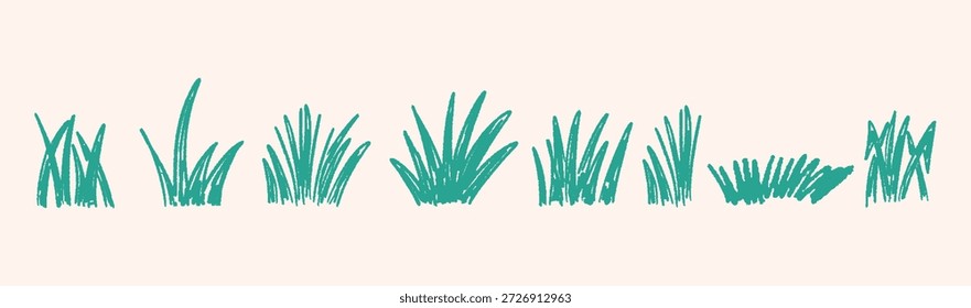 Set of hand drawn green grass tufts and sketchy lawn borders. Vector design nature elements. 