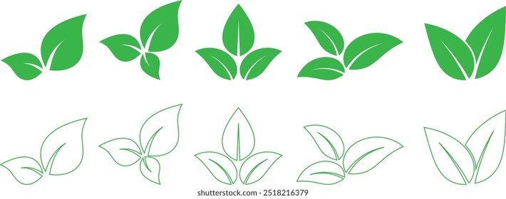 handgezeichnetes grünes Blatt. Konturblatt, Vektorgrafik.