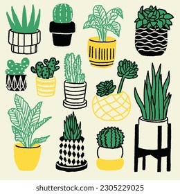 Set of hand drawn green plants in pots texture pattern background. Houseplants such as cactus and succulent vector on light background. Minimal simple botanical illustration. 