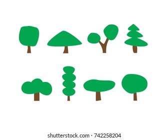 Set of hand drawn green trees in simple doodle style. Nature vector flat symbols. Children lllustrations