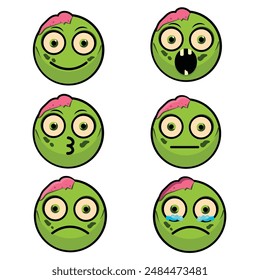 conjunto de emojis zombies dibujados a mano verde con diferentes expresiones, sonrisa, sonriente, sorprendido, curioso, triste, enojado, deprimido, llorando