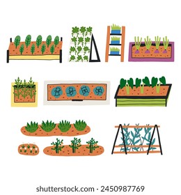 Set Hand Drawn Greenery Gardens Beds. Botanical Vector Illustration 