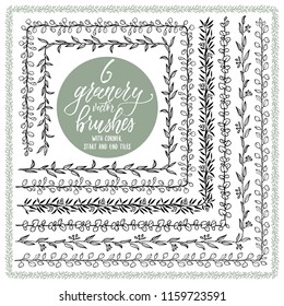 Set of hand drawn greenery vector pattern brushes with eucalyptus leaves and branches, with inner, outer, start and end tiles. For borders, frames, cards, banners, wreaths