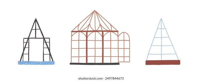 Set of hand drawn greenhouses in flat style. Garden, nature, plants. Vector simple illustration.