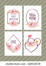 Set of hand drawn greeting card or invitation card design with beautiful colorful flowers decoration.