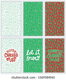 Set of hand drawn greeting cards with decorative elements and lettering. Merry Christmas and Happy New Year greeting card designs. Template for posters, invitations, flyers and phone wallpapers.