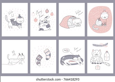 Set of hand drawn greeting cards templates with cute funny cartoon cats in hats, with deer antlers, Christmas ornaments, typography. Vector illustration. Design concept for children, winter holidays.