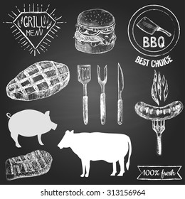 Set of hand drawn grill and barbecue elements for  design