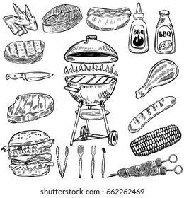 Set of hand drawn grill and bbq design elements. Elements for poster, restaurant menu. Vector illustration